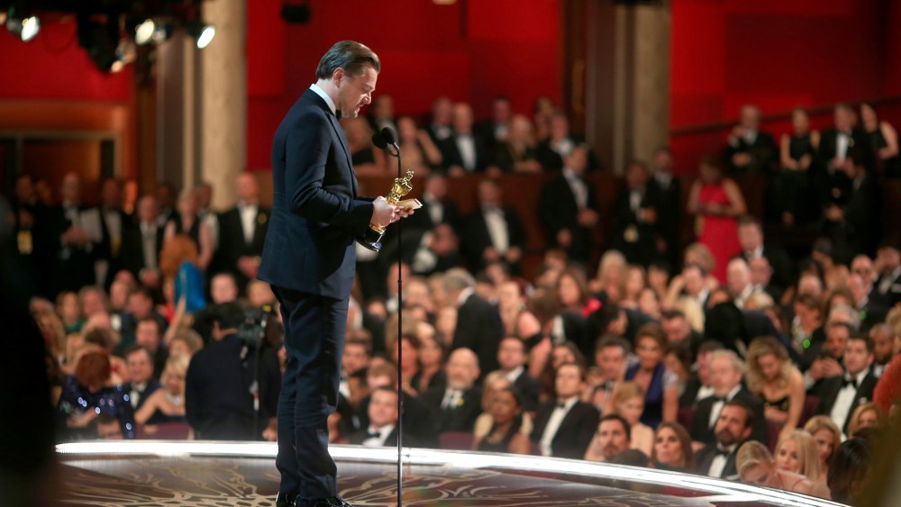 Actor Leonardo DiCaprio, winner of Best Actor for 'The Revenant,' speaks onstage the 88th Annual Academy Awards at Dolby Theatre on Feb. 28, 2016 in Hollywood, Calif. (Photo by Christopher Polk/Getty)