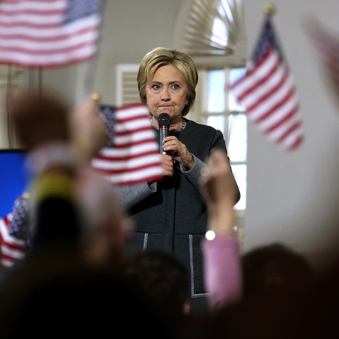 Former Secretary of State Hillary Clinton speaks during a "Get Out The Vote" event at the Old South Meeting Hall on Feb. 29, 2016 in Boston, Mass. (Photo by Justin Sullivan/Getty)
