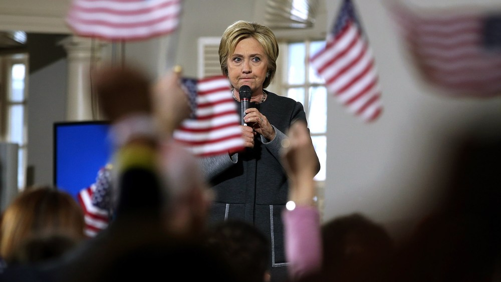 Former Secretary of State Hillary Clinton speaks during a "Get Out The Vote" event at the Old South Meeting Hall on Feb. 29, 2016 in Boston, Mass. (Photo by Justin Sullivan/Getty)