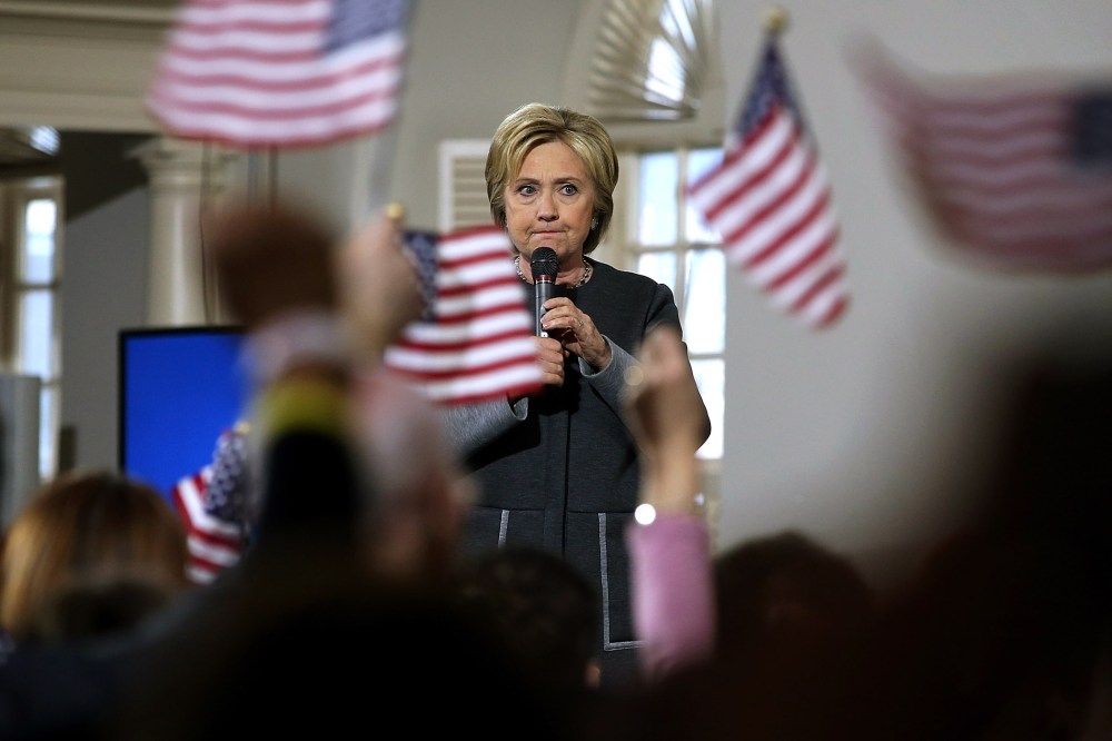 Former Secretary of State Hillary Clinton speaks during a "Get Out The Vote" event at the Old South Meeting Hall on Feb. 29, 2016 in Boston, Mass. (Photo by Justin Sullivan/Getty)