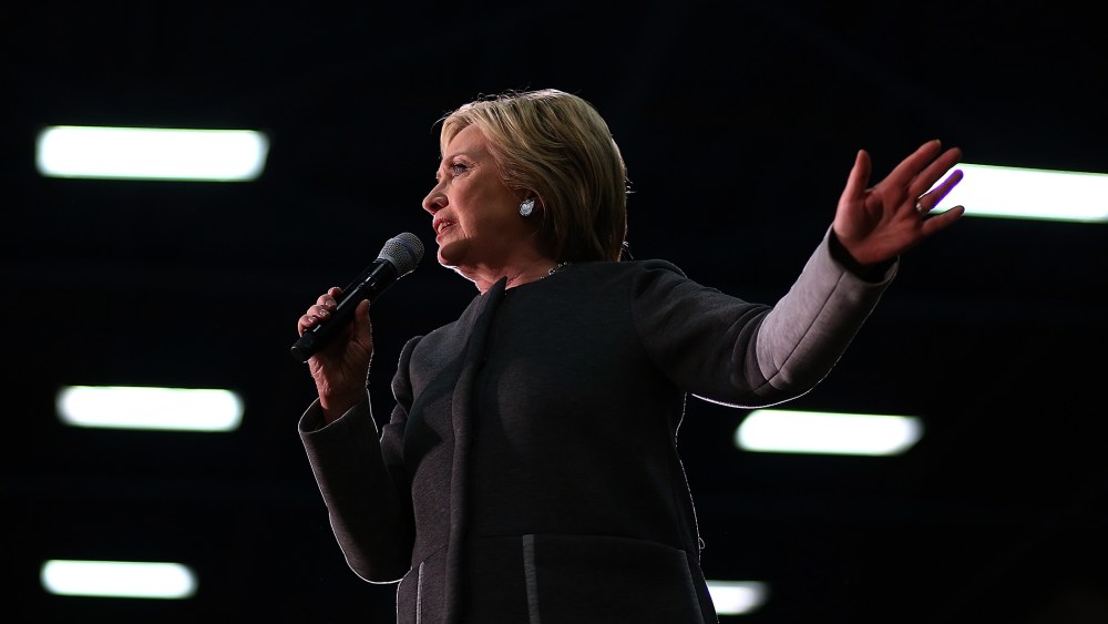 Democratic presidential candidate former Secretary of State Hillary Clinton speaks during a "Get Out The Vote" event at Lake Taylor Senior High School on Feb. 29, 2016 in Norfolk, Va. (Photo by Justin Sullivan/Getty)