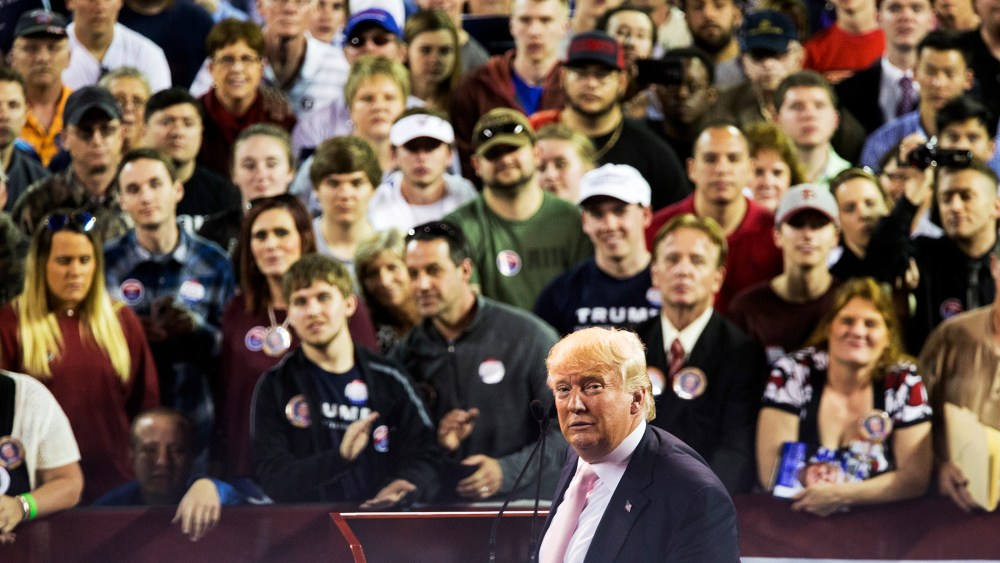 Republican presidential candidate Donald Trump reacts to supporters during a rally at Valdosta State University Feb. 29, 2016 in Valdosta, Ga. (Photo by Mark Wallheiser/Getty)
