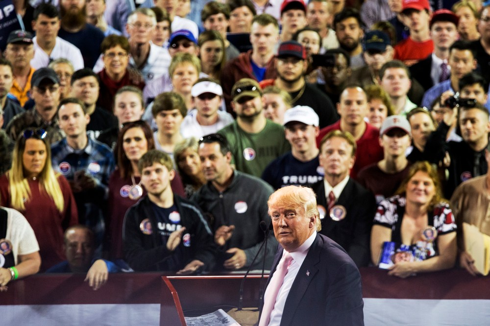 Republican presidential candidate Donald Trump reacts to supporters during a rally at Valdosta State University Feb. 29, 2016 in Valdosta, Ga. (Photo by Mark Wallheiser/Getty)