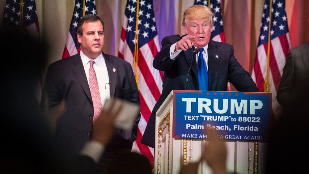Republican presidential candidate Donald Trump takes questions, alongside New Jersey Gov. Chris Christie, left, during a campaign press event in Palm Beach, Fla., on March 01, 2016. (Photo by Jabin Botsford/The Washington Post/Getty)