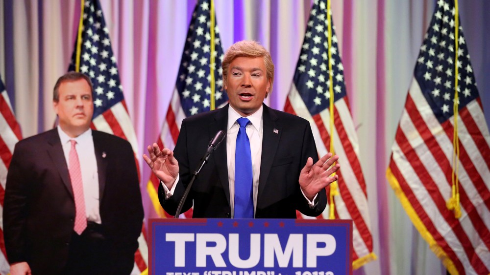 Tonight Show Host Jimmy Fallon performs an impression of Donald Trump on March 2, 2016. (Photo by Andrew Lipovsky/NBC/NBCU Photo Bank/Getty)