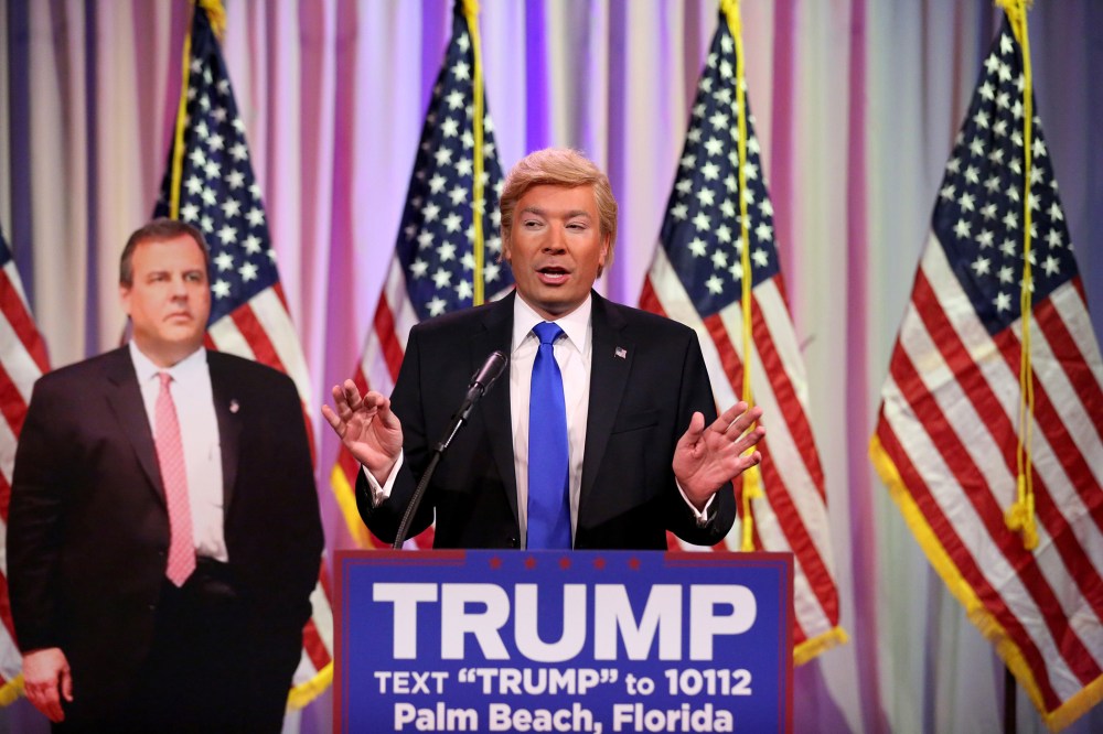 Tonight Show Host Jimmy Fallon performs an impression of Donald Trump on March 2, 2016. (Photo by Andrew Lipovsky/NBC/NBCU Photo Bank/Getty)