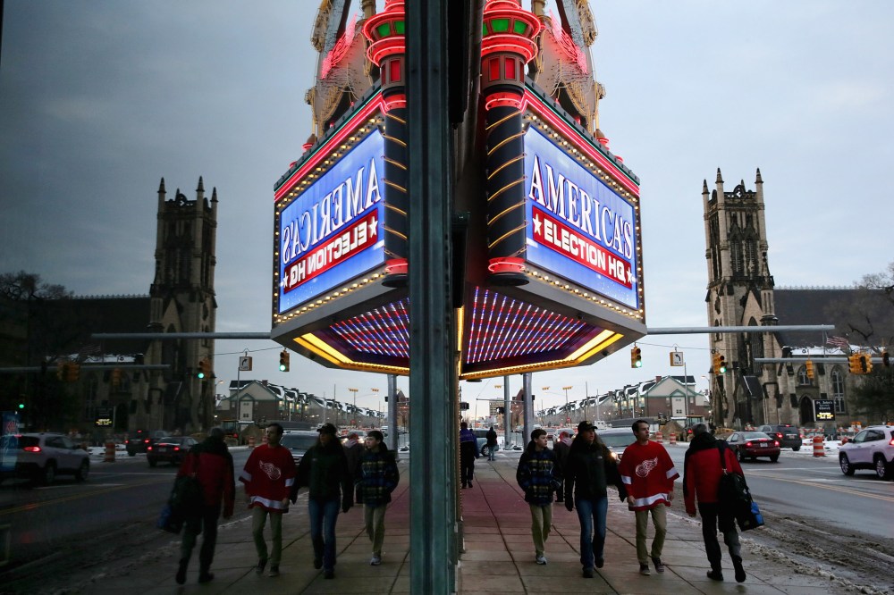 The electronic screen on the Fox Theater marquee advertises the upcoming Republican presidential debate March 2, 2016 in Detroit, Mich. (Photo by Chip Somodevilla/Getty)