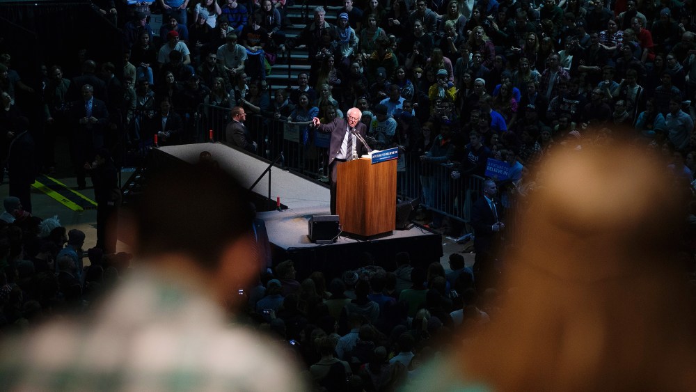 Democratic presidential candidate Senator Bernie Sanders (D-VT) speaks to guests during a rally on the campus of Michigan State University on March 2, 2016 in East Lansing, Mich. (Photo by Scott Olson/Getty)