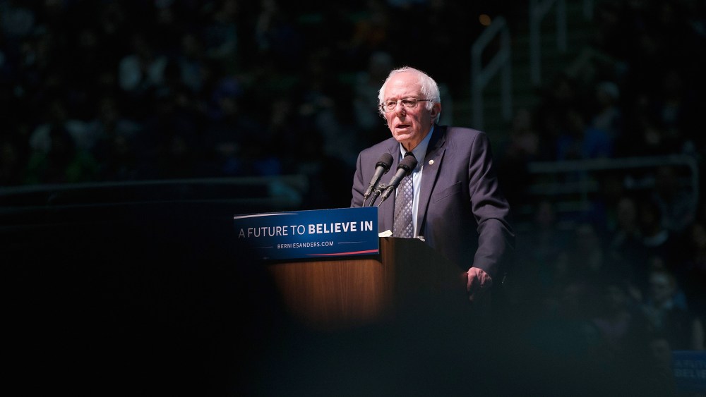 Democratic presidential candidate Senator Bernie Sanders (D-VT) speaks to guests during a rally on the campus of Michigan State University on March 2, 2016 in East Lansing, Mich. (Photo by Scott Olson/Getty)