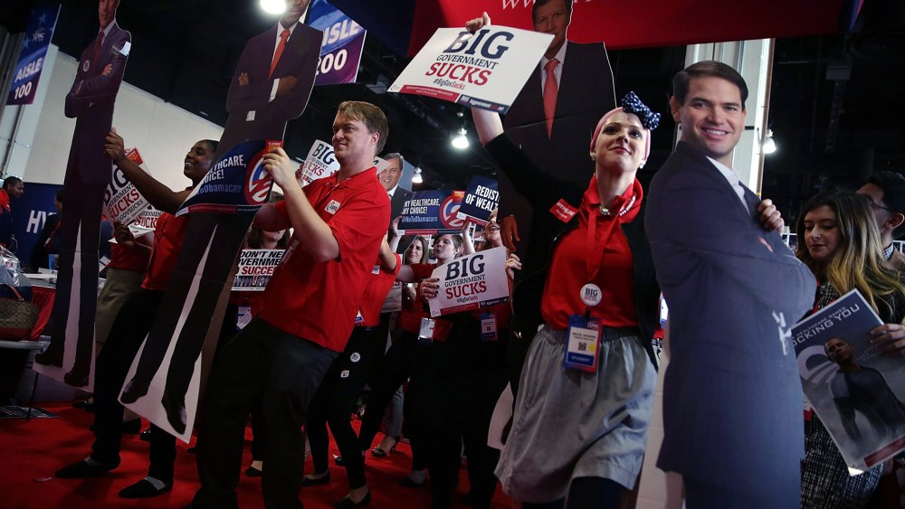 Members of Turning Point USA dance with a cardboard cutout of Republican presidential candidate Sen. Marco Rubio (R-FL) during CPAC, March 3, 2016 in National Harbor, Md. (Photo by Alex Wong/Getty)