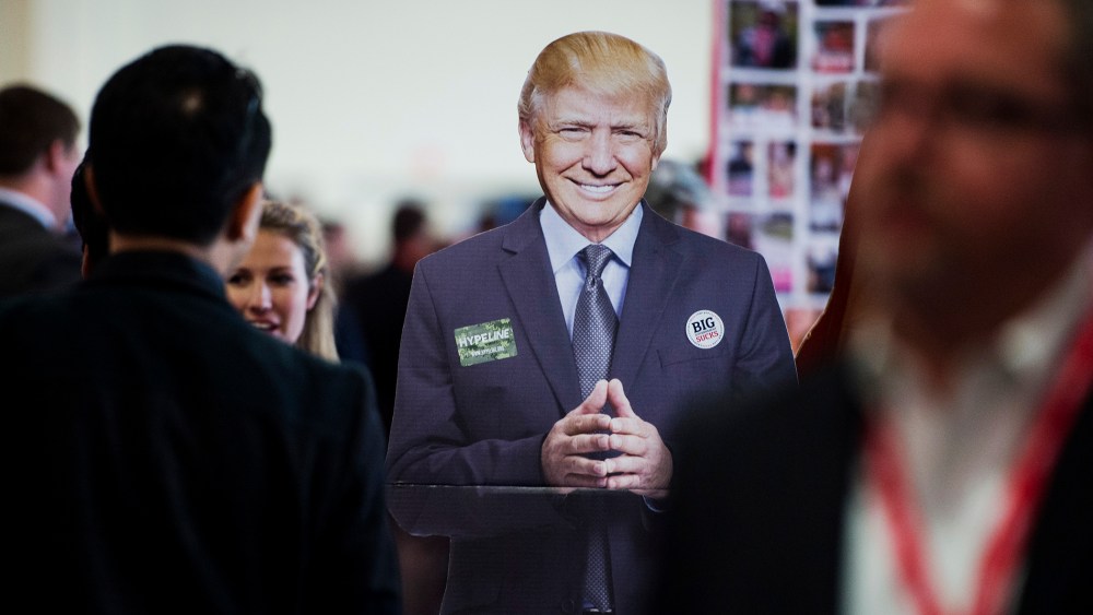 A cardboard cutout of Republican presidential candidate Donald Trump stands in the CPAC Hub room at the CPAC conference at National Harbor in Oxon Hill, Md., March 3, 2016.  (Photo By Bill Clark/CQ Roll Call/Getty)