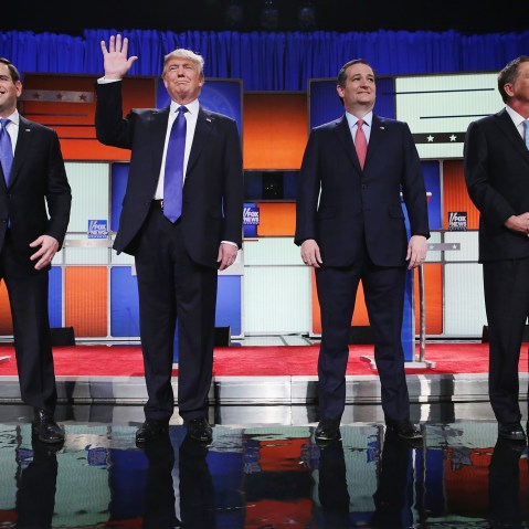 Republican presidential candidates pose before a debate sponsored by Fox News on March 3, 2016 in Detroit, Mich. (Photo by Chip Somodevilla/Getty)