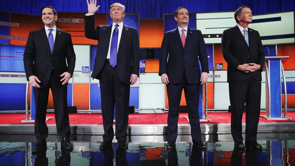 Republican presidential candidates pose before a debate sponsored by Fox News on March 3, 2016 in Detroit, Mich. (Photo by Chip Somodevilla/Getty)