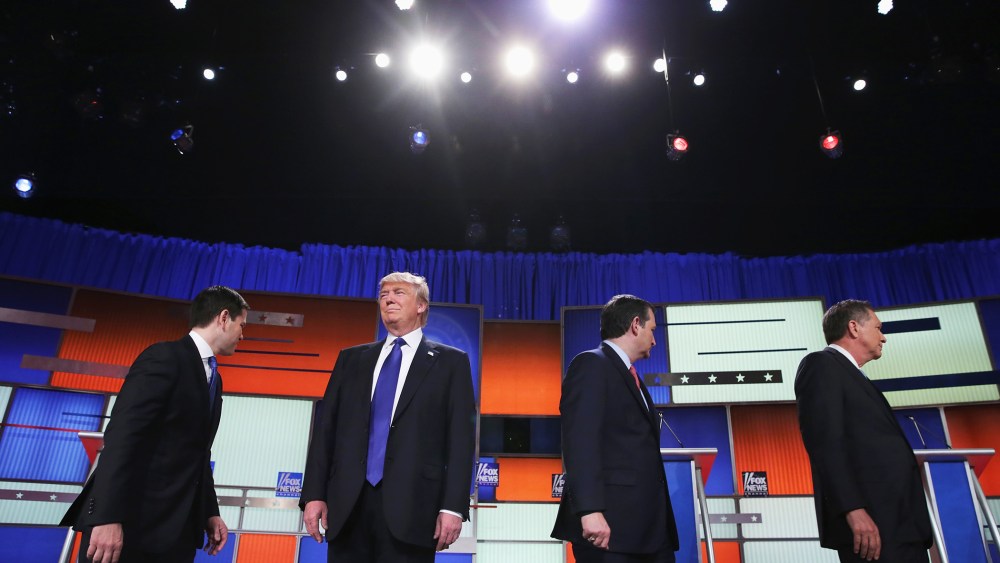 Republican presidential candidates (Lto R) Sen. Marco Rubio (R-FL), Donald Trump, Sen. Ted Cruz (R-TX), and Ohio Gov. John Kasich, participate in a debate sponsored by Fox News on March 3, 2016 in Detroit, Mich. (Photo by Chip Somodevilla/Getty)