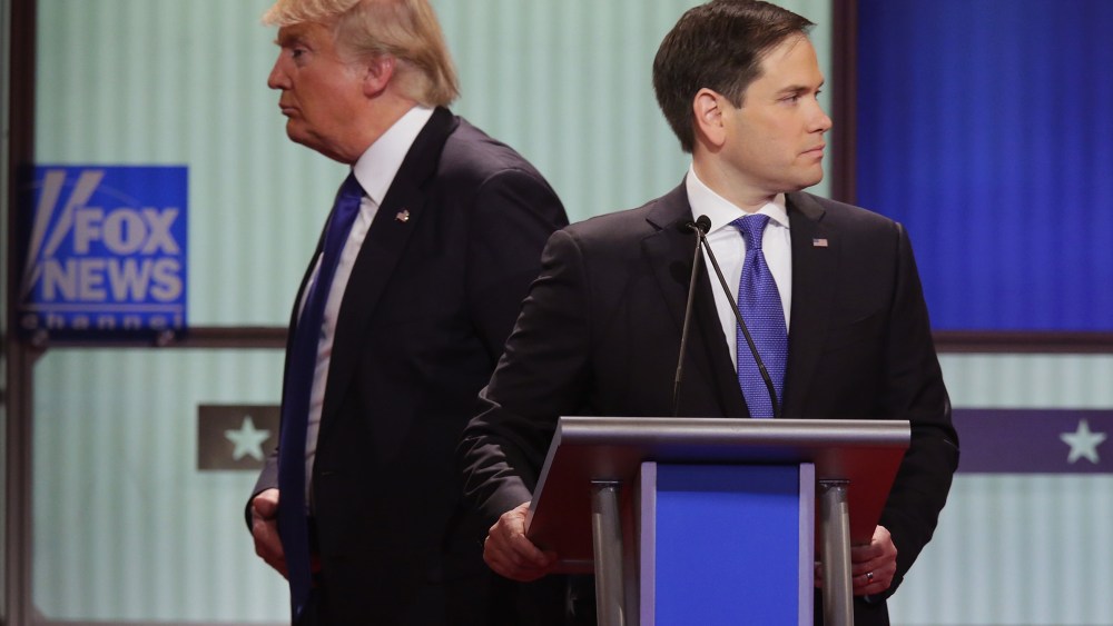 Republican presidential candidates Donald Trump and Sen. Marco Rubio (R-FL) participate in a debate sponsored by Fox News at the Fox Theatre on March 3, 2016 in Detroit, Mich. (Photo by Chip Somodevilla/Getty)