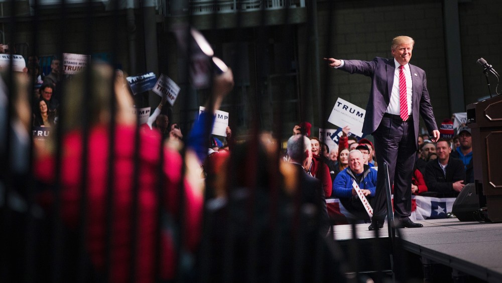 Republican presidential candidate Donald Trump speaks to guests during a rally at Macomb Community College on March 4, 2016 in Warren, Mich. (Photo by Scott Olson/Getty)