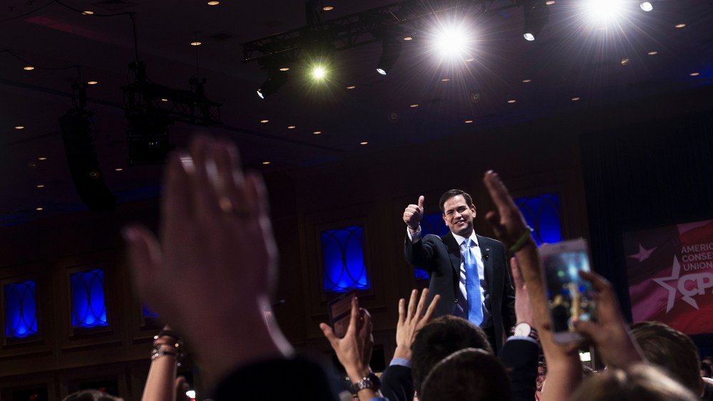 Republican Presidential hopeful Marco Rubio gives a thumbs up after speaking during the American Conservative Union Conservative Political Action Conference 2016 on March 5, 2016, in Oxon Hill, Md. (Photo by Brendan Smialowski/AFP/Getty)