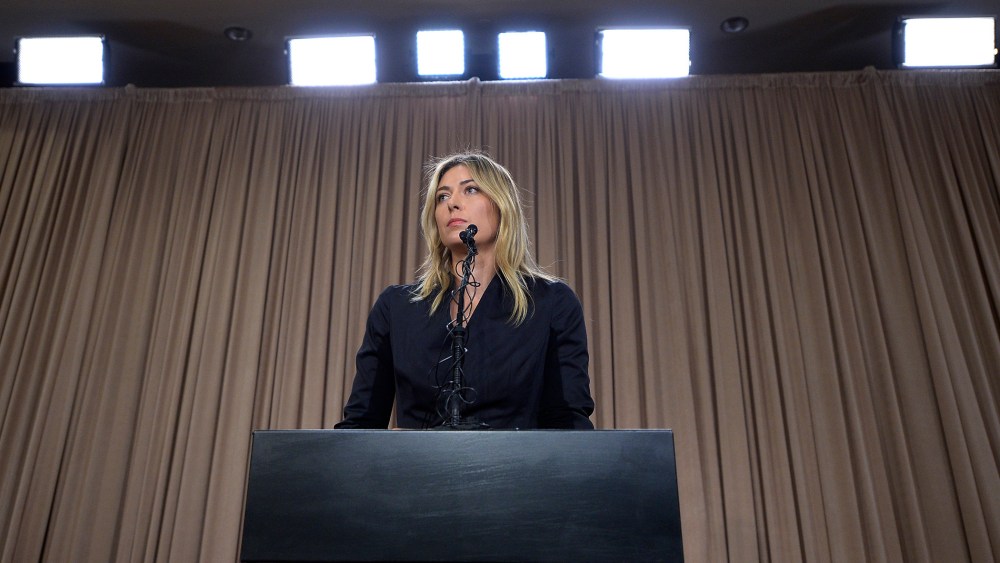 Tennis player Maria Sharapova addresses the media regarding a failed drug test at the Australian Open at The LA Hotel Downtown on March 7, 2016 in Los Angeles, Calif. (Photo by Kevork Djansezian/Getty)