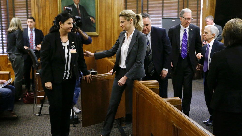 Sportscaster and television host Erin Andrews leaves court on March 4, 2016, in Nashville, Tenn. (Photo by Mark Humphrey/Pool/Getty)