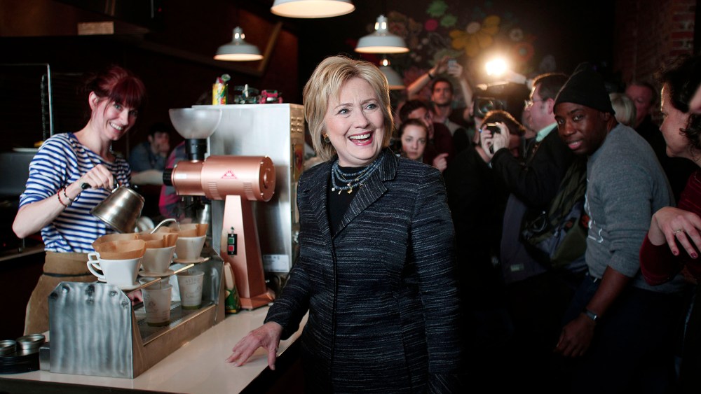 Democratic presidential candidate Hillary Clinton makes a campaign stop at Astro Coffee on the day of the Michigan Primary March 8, 2016 in Detroit, Mich. (Photo by Bill Pugliano/Getty)