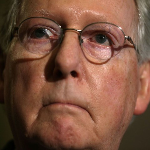 U.S. Senate Majority Leader Sen. Mitch McConnell listens during a news briefing after the weekly Republican policy luncheon, March 8, 2016 on Capitol Hill in Washington, DC. (Photo by Alex Wong/Getty)