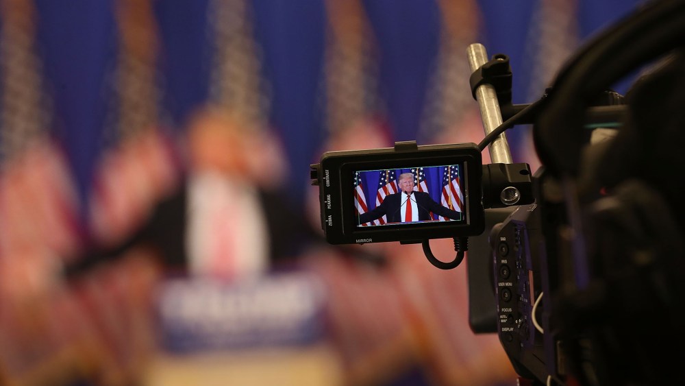 Republican presidential candidate Donald Trump is seen in a television cameras view finder during a press conference at the Trump National Golf Club Jupiter on March 8, 2016 in Jupiter, Fla. (Photo by Joe Raedle/Getty)