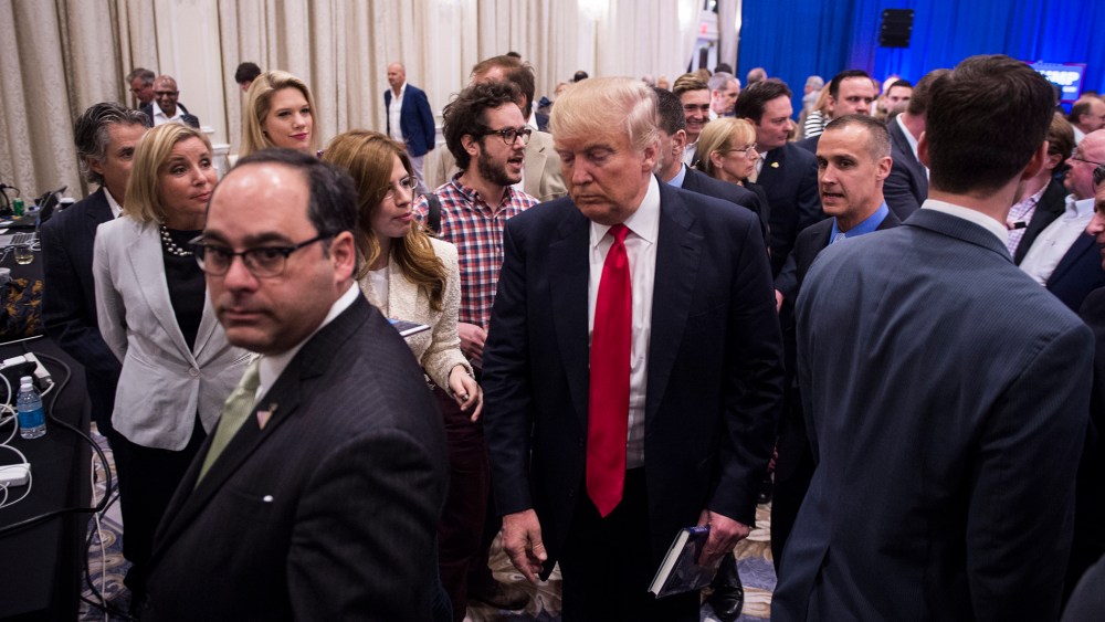 Republican presidential candidate Donald Trump makes his way through he crowd after speaking during a campaign press conference event at the Trump National Golf Club in Jupiter, Fl., March 08, 2016. (Photo by Jabin Botsford/The Washington Post/Getty)