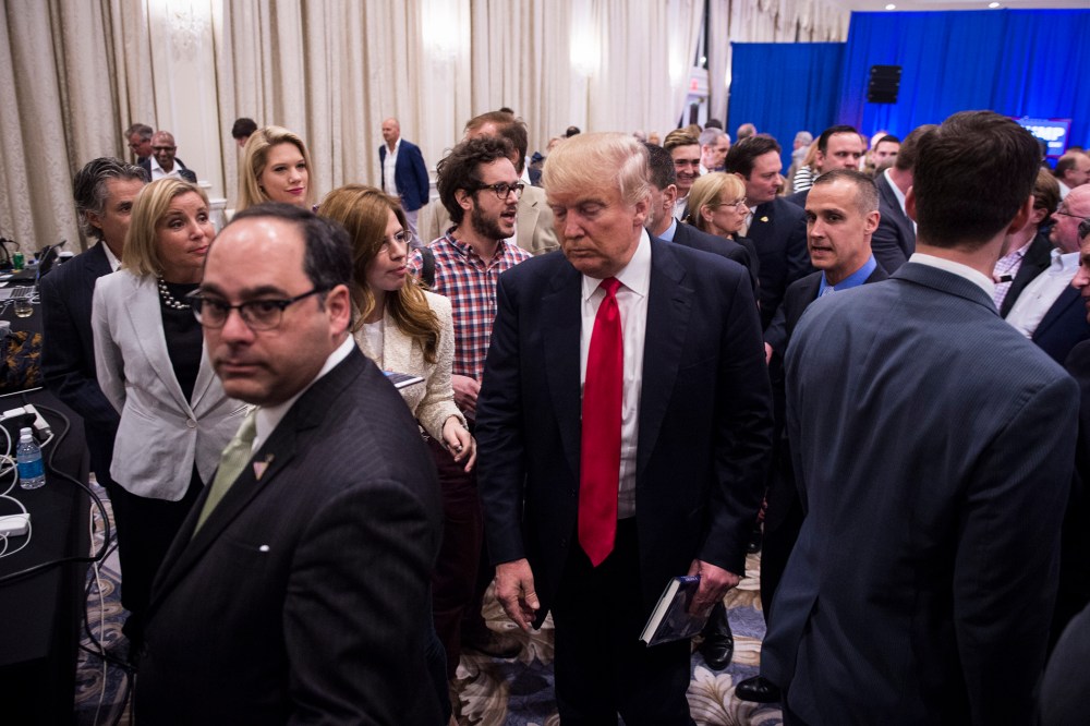 Republican presidential candidate Donald Trump makes his way through he crowd after speaking during a campaign press conference event at the Trump National Golf Club in Jupiter, Fl., March 08, 2016. (Photo by Jabin Botsford/The Washington Post/Getty)