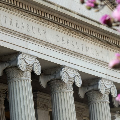 Flowers on a tree bloom near the Treasury Department building in Washington, DC on March 10, 2016. (Photo by Andrew Caballero-Reynolds/AFP/Getty)