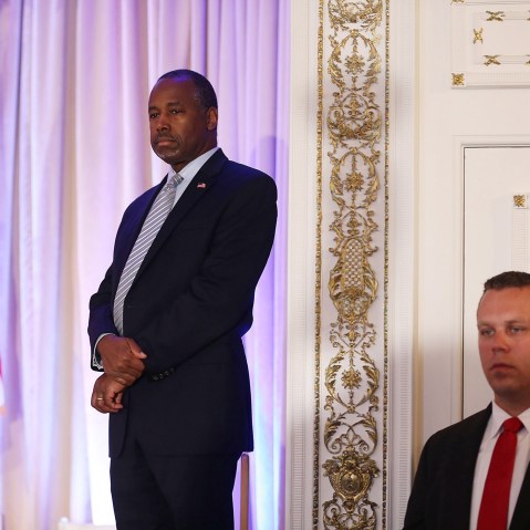Former Republican presidential candidate Ben Carson gives his endorsement to Republican presidential candidate Donald Trump during a press conference at the Mar-A-Lago Club on March 11, 2016 in Palm Beach, Fl. (Photo by Joe Raedle/Getty)