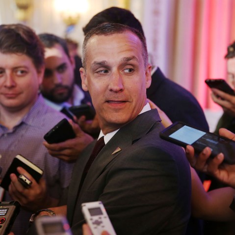Corey Lewandowski campaign manager for Republican presidential candidate Donald Trump speaks with the media at the Mar-A-Lago Club on March 11, 2016 in Palm Beach, Fla. (Photo by Joe Raedle/Getty)