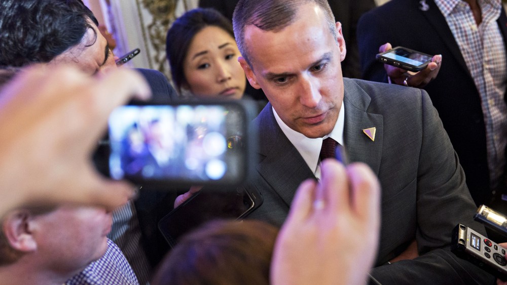 Corey Lewandowski, campaign manager for 2016 Republican presidential candidate Donald Trump, speaks to members of the media before a news conference in Palm Beach, Fla., on March 11, 2016. (Photo by Andrew Harrer/Bloomberg/Getty)