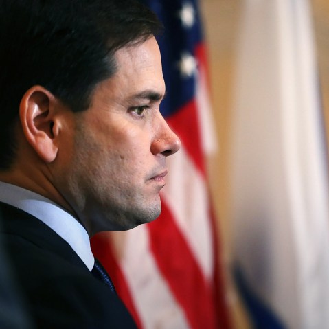 Republican presidential candidate Sen. Marco Rubio (R-FL) waits to speak to the media at the Temple Beth El on March 11, 2016 in West Palm Beach, Fla. (Photo by Joe Raedle/Getty)