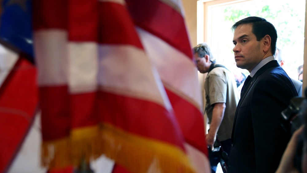 Republican presidential candidate Sen. Marco Rubio waits to speak to the media during a press conference at the Temple Beth El on March 11, 2016 in West Palm Beach, Fl. (Photo by Joe Raedle/Getty)