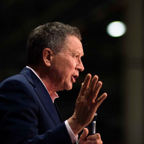 Ohio Republican Governor and presidential candidate John Kasich speaks at a Campaign Town Hall at Fuyao Glass America Inc. on March 11, 2016 in Moraine, Ohio. (Photo by Ty Wright/Getty)