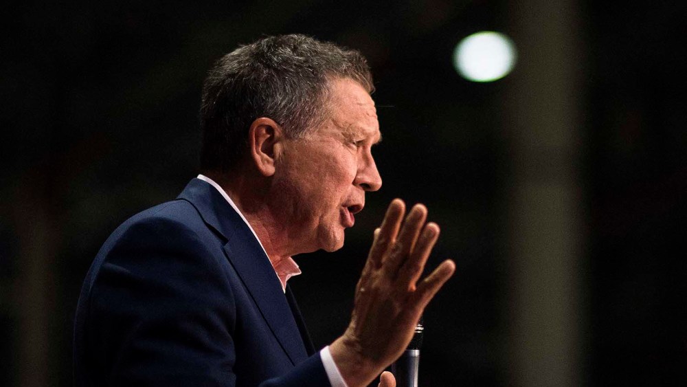 Ohio Republican Governor and presidential candidate John Kasich speaks at a Campaign Town Hall at Fuyao Glass America Inc. on March 11, 2016 in Moraine, Ohio. (Photo by Ty Wright/Getty)