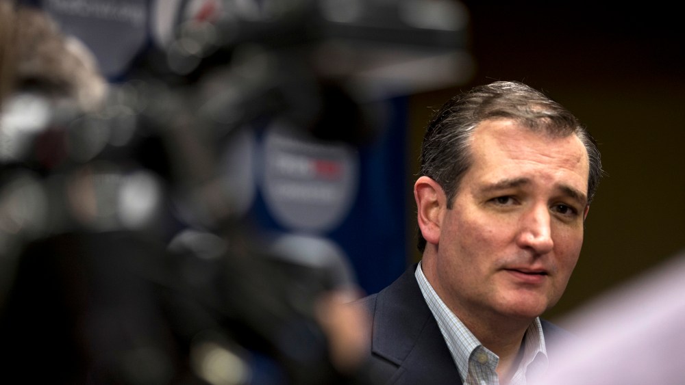 Republican presidential candidate, Sen. Ted Cruz (R-TX) addresses the press after a campaign rally at the Adams Mark Hotel on March 12, 2016 in Kansas City, Mo. (Photo by Kyle Rivas/Getty)