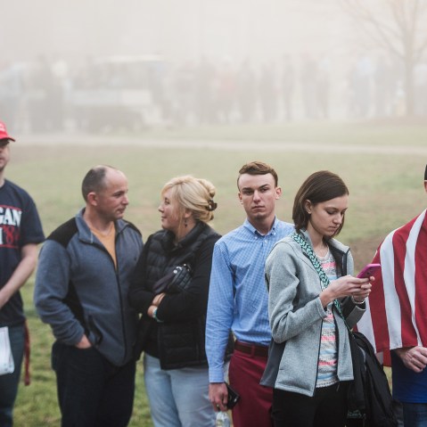 Donald Trump supporters wait in line before a campaign rally for the Republican presidential candidate at Lenoir-Rhyne University March 14, 2016 in Hickory, N.C. (Photo by Sean Rayford/Getty)