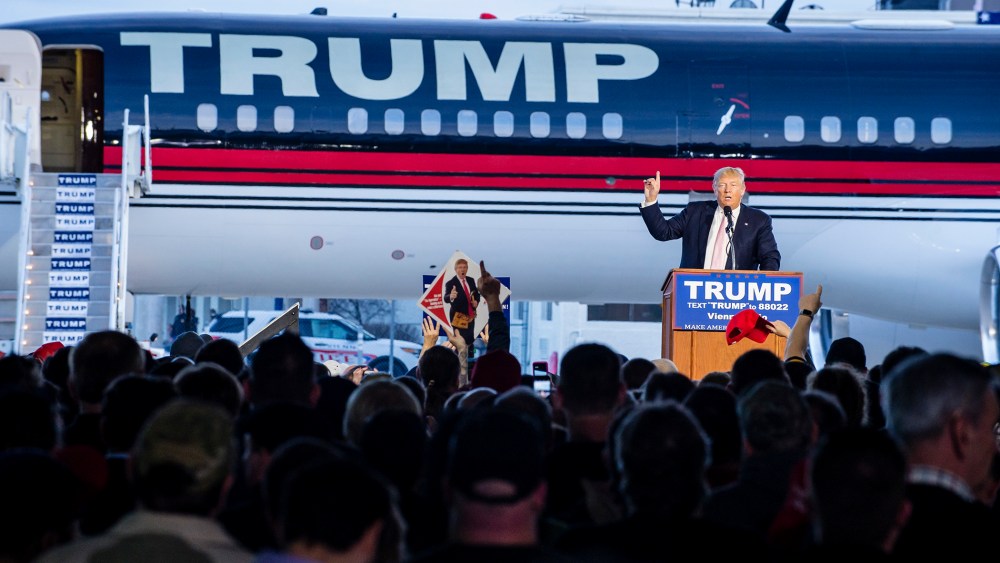 Republican presidential candidate Donald Trump speaks to supporters at Youngstown Airport on March 14, 2016 in Vienna, Ohio. (Photo by Angelo Merendino/Getty)