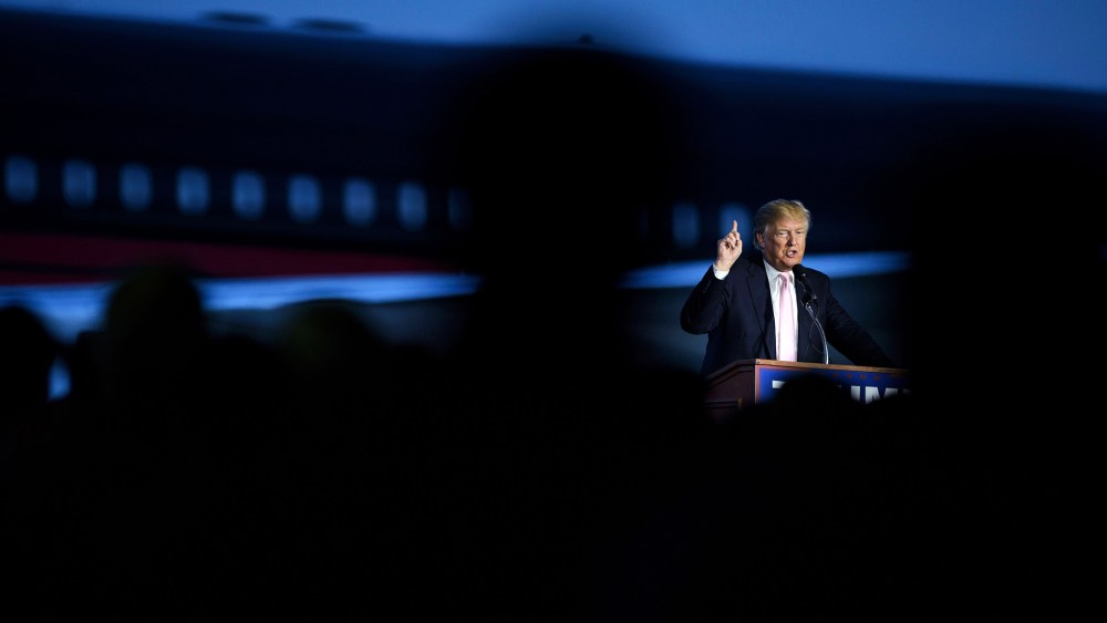 Republican presidential hopeful Donald Trump addresses a rally on March 14, 2016 in Vienna Center, Ohio. (Photo by Brendan Smialowski/AFP/Getty)