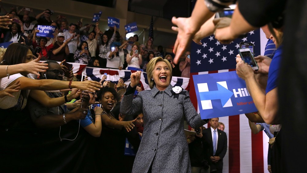 Democratic presidential candidate former Secretary of State Hillary Clinton greets supporters during a Get Out the Vote event at Grady Cole Center on March 14, 2016 in Charlotte, N.C. (Photo by Justin Sullivan/Getty)