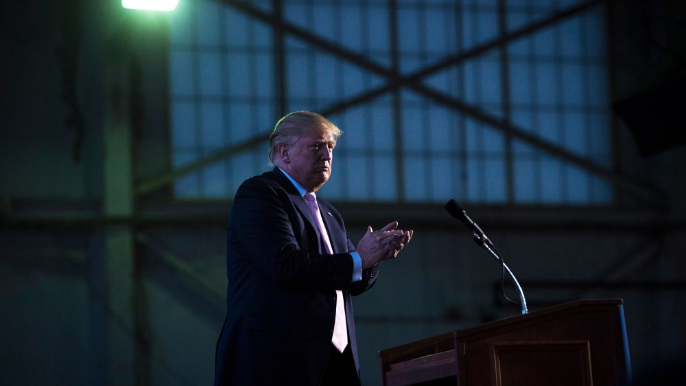 Republican presidential candidate Donald Trump finishes speaking during a campaign event at Winner Aviation in Vienna, Ohio on March 14, 2016. (Photo by Jabin Botsford/The Washington Post/Getty)