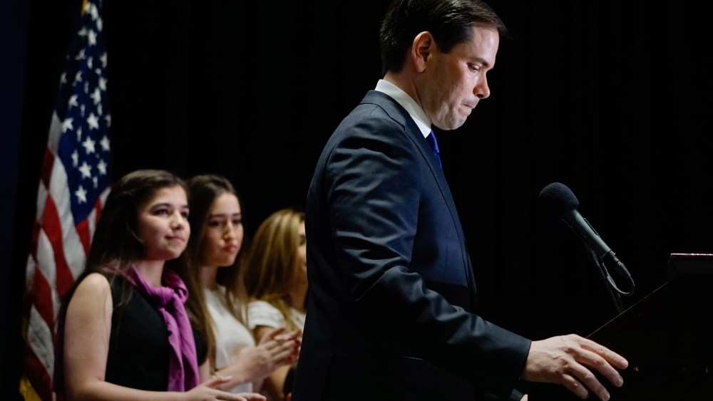 Republican presidential candidate Senator Marco Rubio (R-FL), flanked by his family, speaks at a primary night rally on March 15, 2016 in Miami, Fla. (Photo by Angel Valentin/Getty)