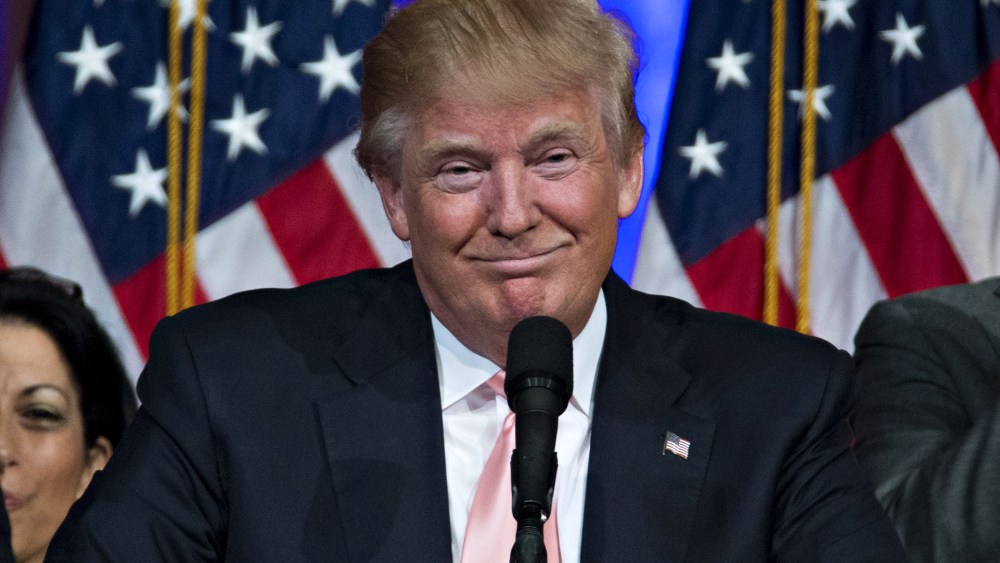 Donald Trump smiles while speaking during a news conference at the Mar-A-Lago Club in Palm Beach, Fla., March 15, 2016. (Photo by Andrew Harrer/Bloomberg/Getty)