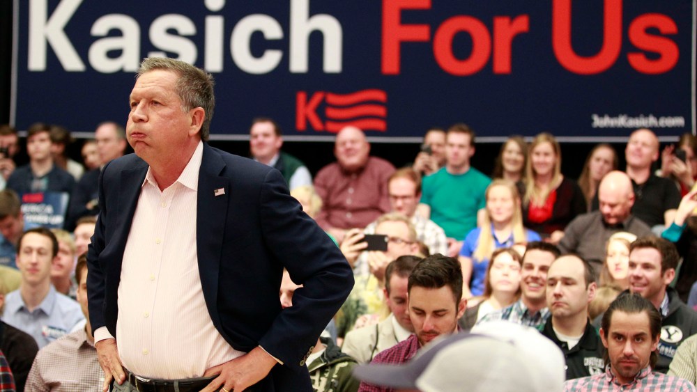 Republican presidential candidate and Ohio Governor John Katich waits for a town hall meeting to start on the campus of Utah Valley University on March 18, 2016 in Orem, Utah. (Photo by George Frey/Getty)