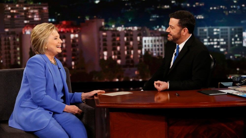 "Jimmy Kimmel Live" featured presidential candidate Hillary Clinton on March 24, 2016. (Photo by Randy Holmes/ABC/Getty)