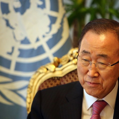 U.N. Secretary General Ban Ki-moon meets with Iraqi foreign minister upon his arrival at Baghdad International Airport on March 26, 2016. (Photo by Sabah Arar/AFP/Getty)