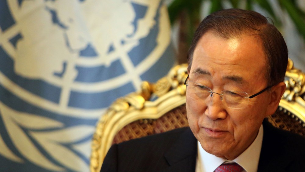 U.N. Secretary General Ban Ki-moon meets with Iraqi foreign minister upon his arrival at Baghdad International Airport on March 26, 2016. (Photo by Sabah Arar/AFP/Getty)