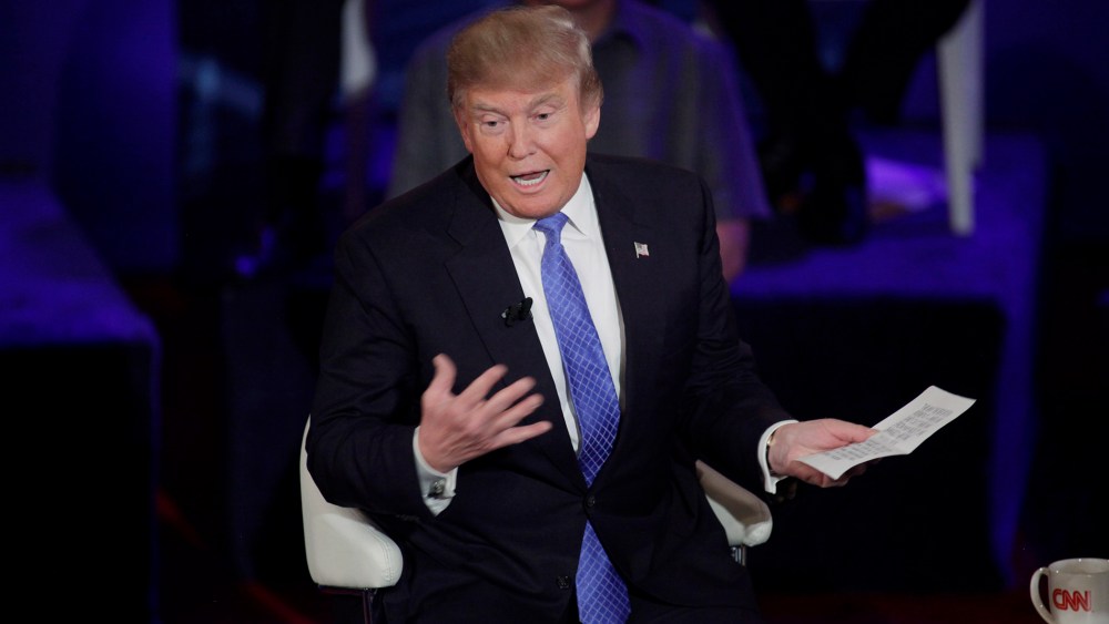 Republican Presidential candidate Donald Trump takes part in a town hall event moderated by Anderson Cooper March 29, 2016 in Milwaukee, Wis. (Photo by Darren Hauck/Getty)
