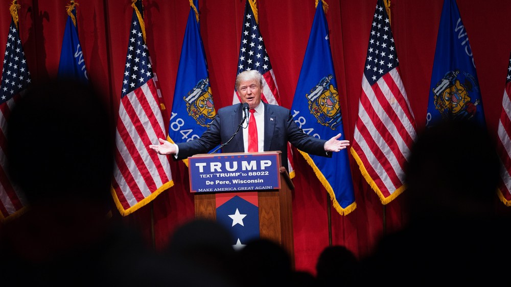 Republican presidential candidate Donald Trump speaks to guests during a campaign rally at St. Norbert College on March 30, 2016 in De Pere, Wis. (Photo by Scott Olson/Getty)